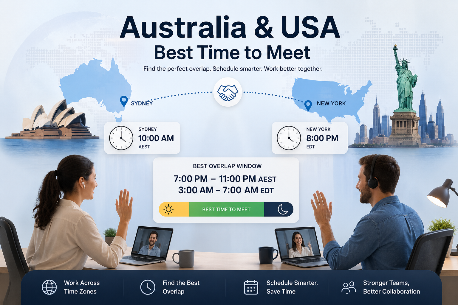 Australia and USA best time to meet - Sydney 10 AM AEST equals New York 8 PM EDT