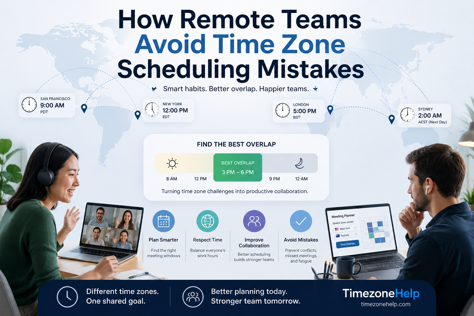 Remote team members across time zones - San Francisco 9AM, New York 12PM, London 5PM, Sydney 2AM next day